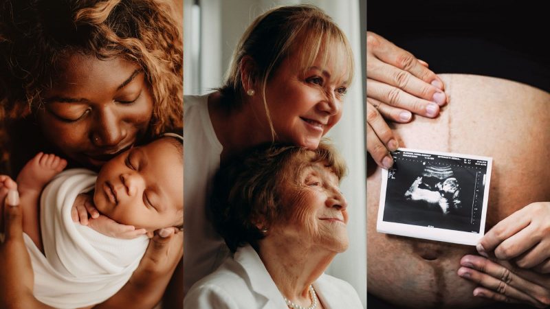 A Dia das Mães é comemorado em várias partes do mundo! Imagem de uma mulher segurando um bebê ao lado da imagem de uma mulher mais velha perto da sua mãe idosa, ao lado de uma terceira imagem de uma mulher grávida mostrando o ultrassom para simbolizar a diversidade de mães no Dia das Mães.