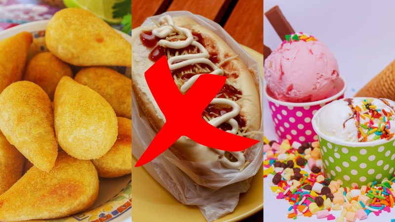 Imagem de uma coxinha, um cachorro-quente e um sorvete como exemplos do que não comer durante um quadro de gripe. 