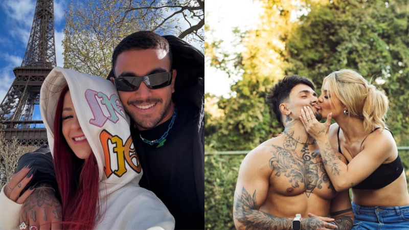 A imagem está dividida em duas fotos distintas. À esquerda, o casal Nathalia Valente e Yuri Meirelles posa na frente da Torre Eiffel. À direita, o casal Diego Superbi e Giovanna Menezes posa em frente a uma área de mata.
