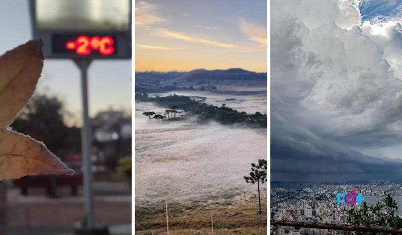 Fotos de termômetro marcando -2°C, foto de uma geada e de uma tempestade se formando em Florianópolis Tempo em maio será com temperaturas amenas e novos riscos de geadas