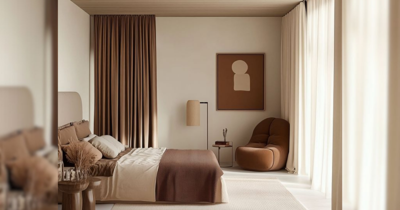 Quarto Mocha Mousse Imagens de um quarto com tons marrons e bejes, para mostra como a cor mocha mousse combina com outras tonalidades