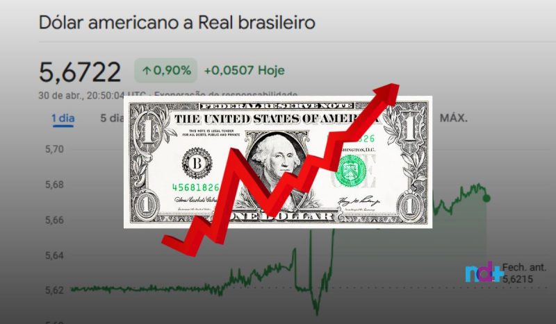 Cédula de dólar em frente a um gráfico financeiro Valor do dólar fechou o dia em queda nesta quarta-feira (30)