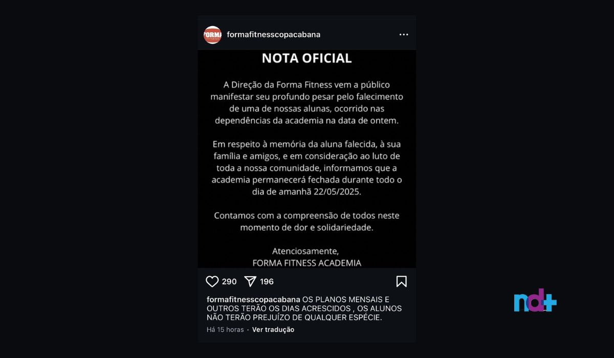 Nota oficial da academia no Instagram Academia publicou nota oficial no Instagram