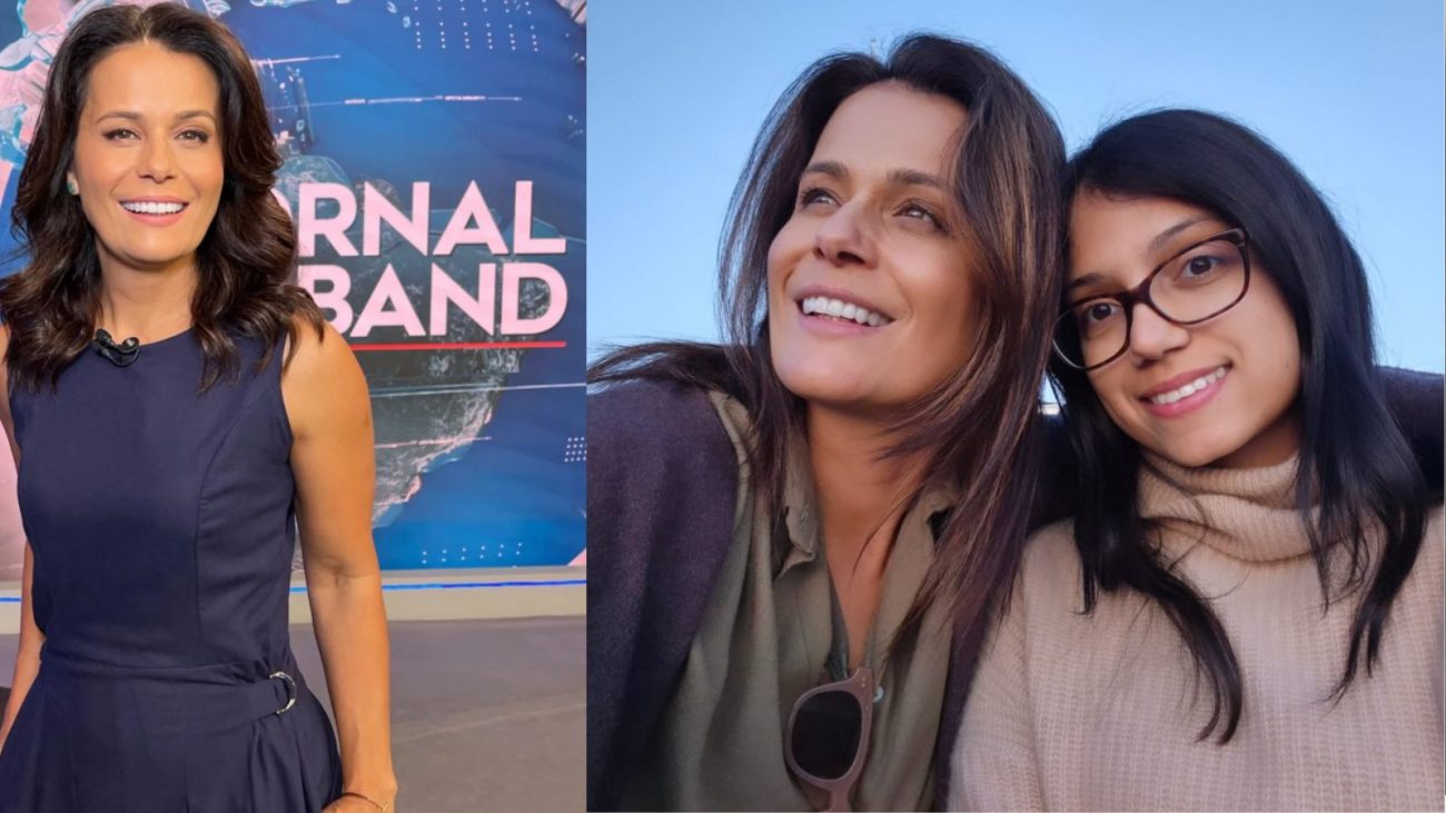 Montagem com foto de Adriana Araújo como âncora do Jornal da Band, à esquerda, e apresentadora com a filha Giovanna, que sofre hemimelia fibular, à direita