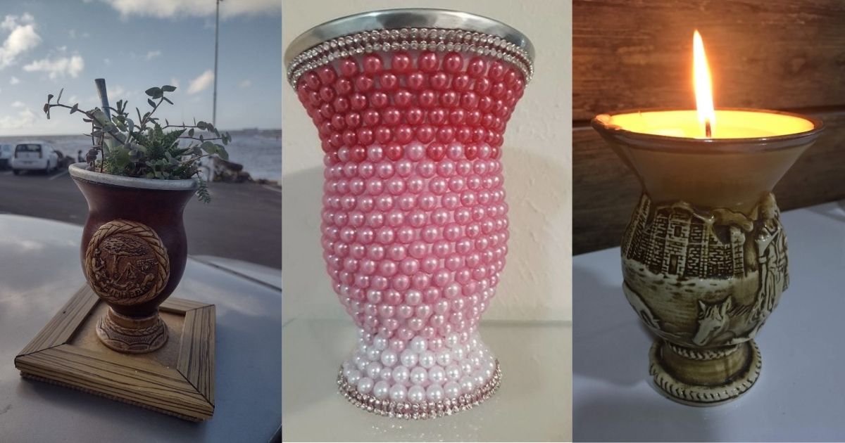 Artesanato Imagem de três tipos de artesanato com a cuia do chimarrão, para fazer referência as ideias que serão mencionadas na matéria