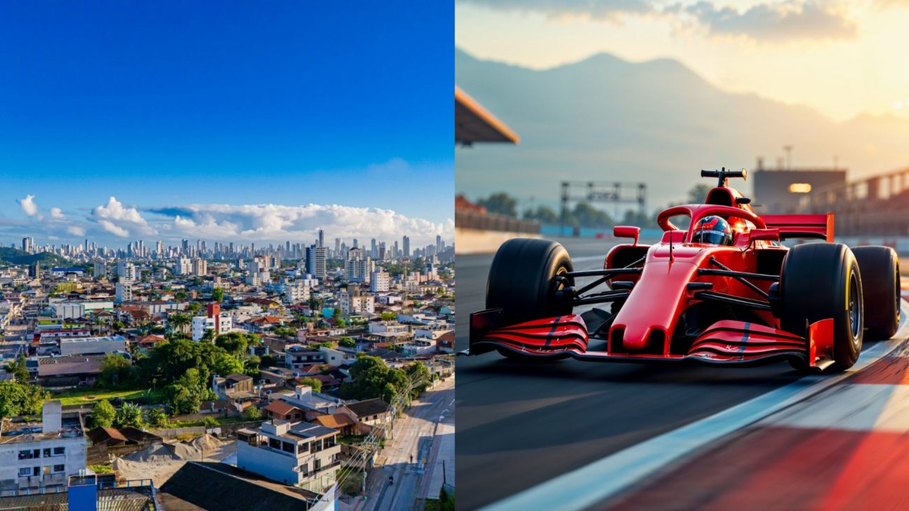 Foto dividida mostra cidade de Camboriú vista do alto ao lado de carro da Fórmula 1 em pista gerada por IA