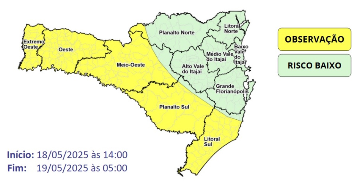 Áreas marcadas em amarelo possuem risco moderado para alagamentos, queda de galhos, destelhamentos e danos na rede elétrica - Foto: Defesa Civil de Santa Catarina/Reprodução/ND Áreas marcadas em amarelo possuem risco moderado para alagamentos, queda de galhos, destelhamentos e danos na rede elétrica - Foto: Defesa Civil de Santa Catarina/Reprodução/ND