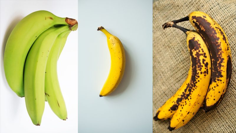 Banana verde, amarela e madura Montagem feito com banana verde, amarela e madura