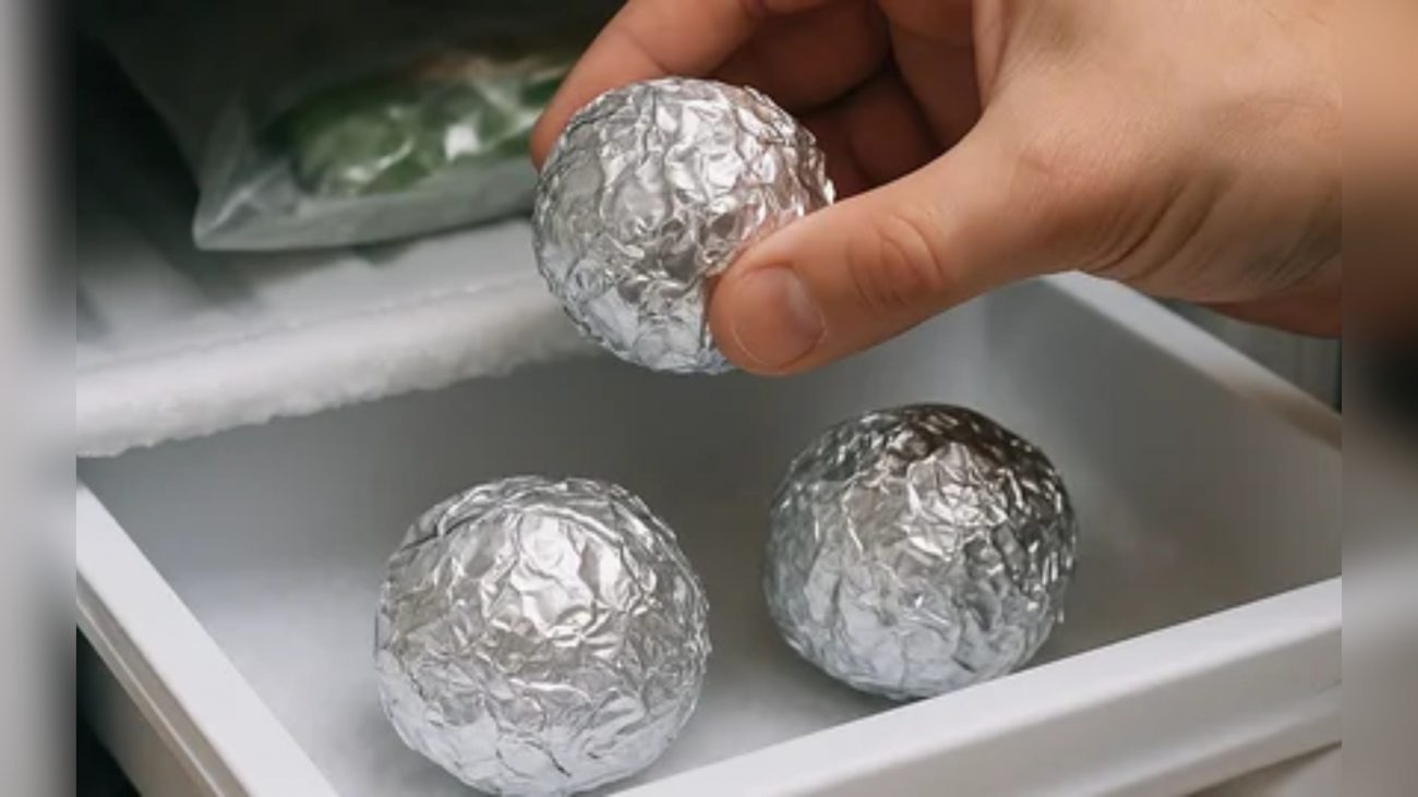 Pessoa segurando bola de papel alumínio enquanto outras duas estão no congelador