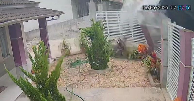 imagem mostra momento exato em que caminhão carregado de entulho tomba sobre casa de Itajaí imagem mostra momento exato em que caminhão carregado de entulho tomba sobre casa de Itajaí