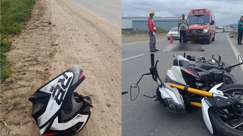 Cena do acidente Foto dividida em duas partes mostra cena do acidente após capacete se soltar e motociclista acabar morrendo na BR-470