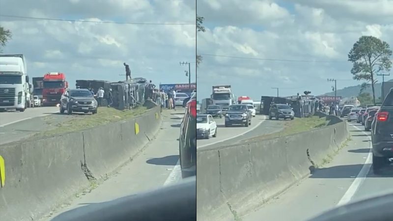 Carreta tombada Foto mostra frame de vídeo em que carreta está tombada na BR-101