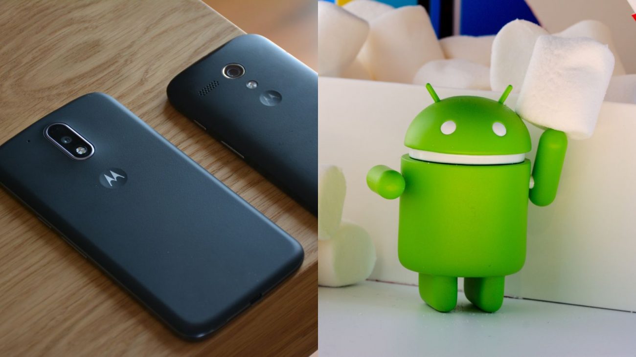 Imagem mostra duas fotos, na primeira aparecem dois celulares da marca Motorola em cima de uma mesa de madeira. Na segunda foto, aparece um boneco verde limão que simboliza o ícone do Android para ilustrar a versão do Android 16.