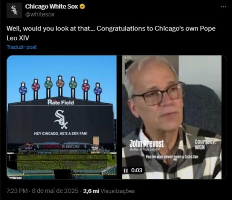 Chicago White Sox parabeniza a nomeação do Papa Leão XIV 
