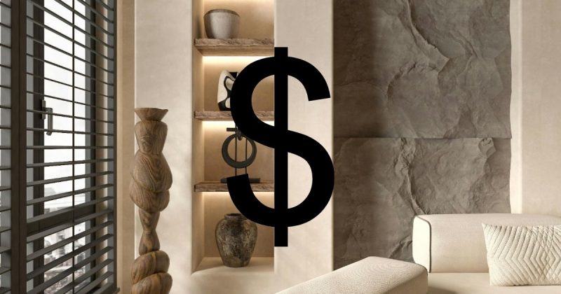 Imagem de uma casa luxuosa com um cifrão na frente, para fazer referência com a matéria, que é sobre cores que deixam a sua casa com um valor mais caro 