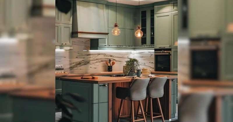 Imagem de uma cozinha com armário verde sálvia e bancada de mármore, para fazer referência a dica de cor dada