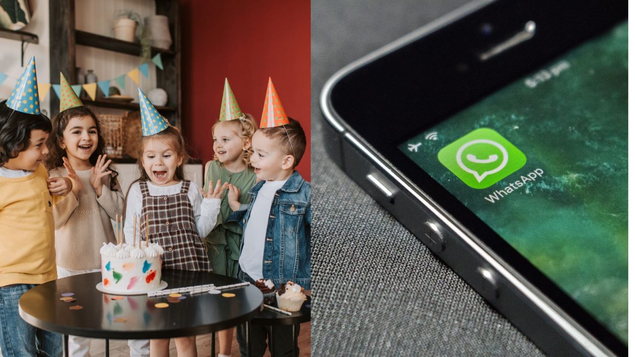Imagem mostra crianças sorrindo em uma festa de aniversário ao lado de uma imagem do ícone do WhatsApp no celular para simbolizar a matéria com mais de 100 frases para desejar feliz aniversário pelo WhatsApp