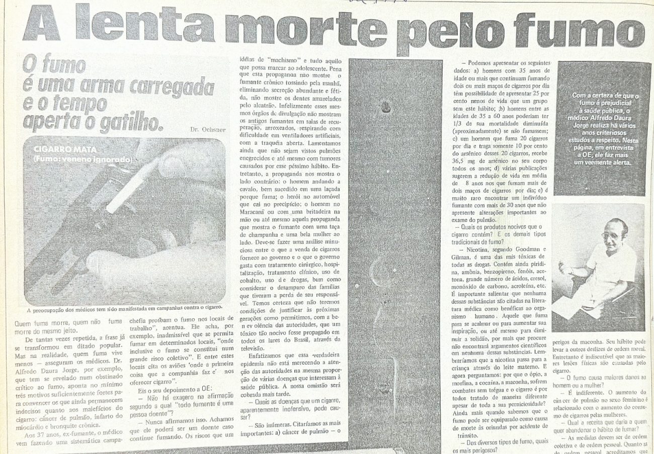 Recorte de reportagem do jornal O Estado citando os perigos do fumo – Foto: Divulga&ccedil;&atilde;o/ND