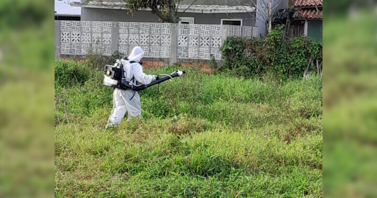 Profissional em meio a um matagal Profissional em meio a um matagal com equipamentos para matar mosquitos