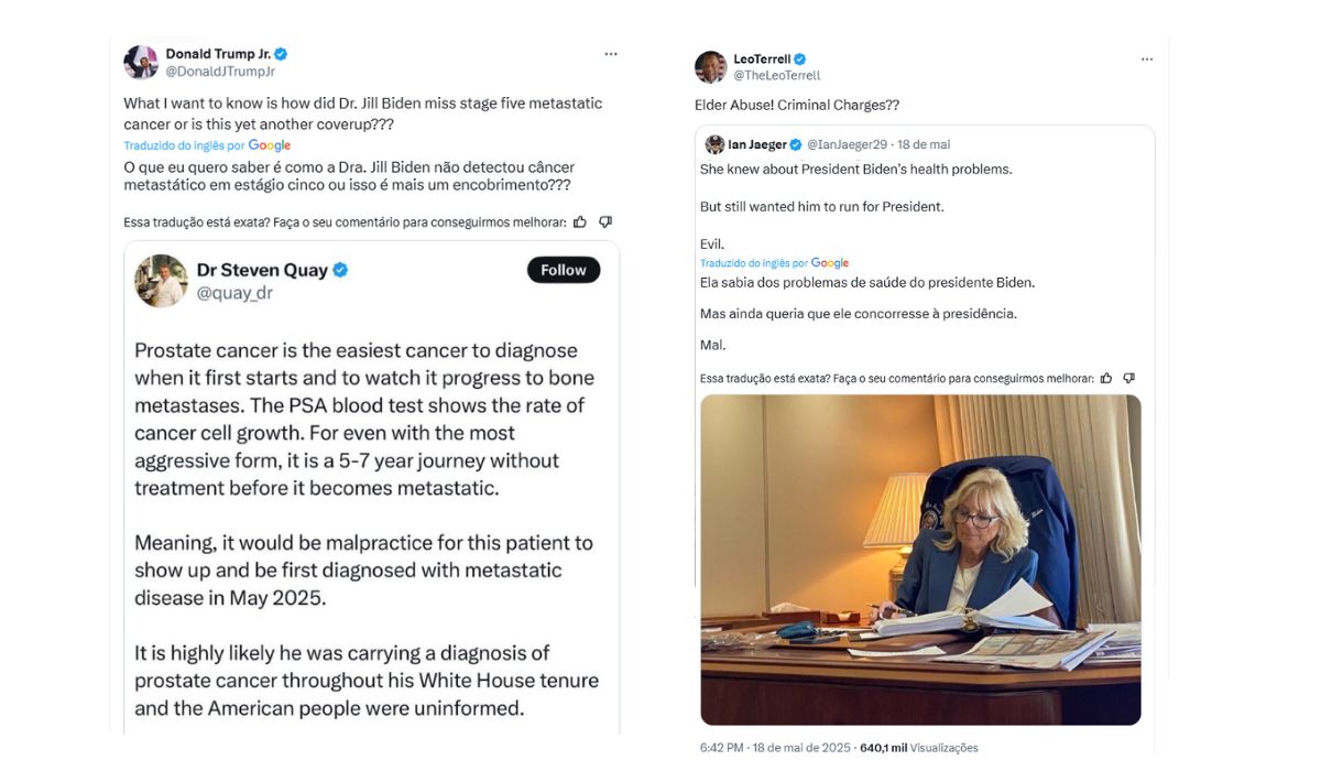 Publicações criticando a esposa de Biden no X (antigo Twitter) Trump Jr. e Leo Terrel fizeram publicações criticando a esposa de Joe Biden no X (antigo Twitter)