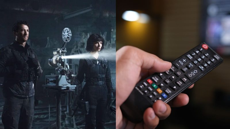 À esquerda, uma imagem de divulgação do filme "The Gorge", um dos filmes de ficção científicas aqui indicados; À direita, a mão de um homem segura um controle remoto