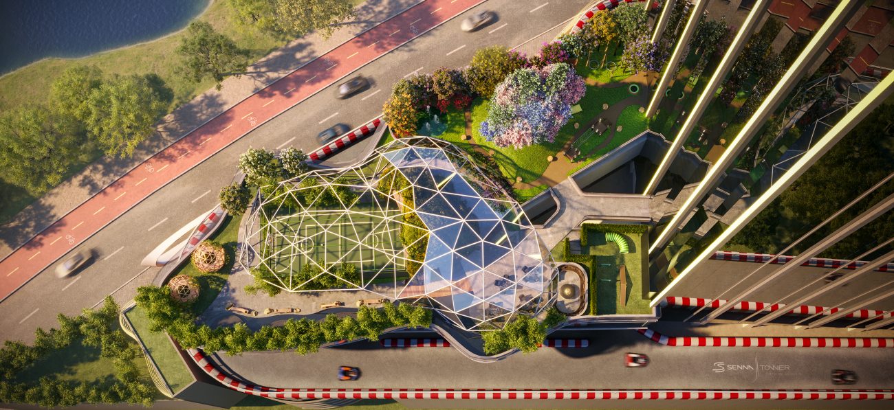 Área de lazer será rodeada pós pista de kart Foto mostra área de lazer do Senna Tower rodeada por pista de kart