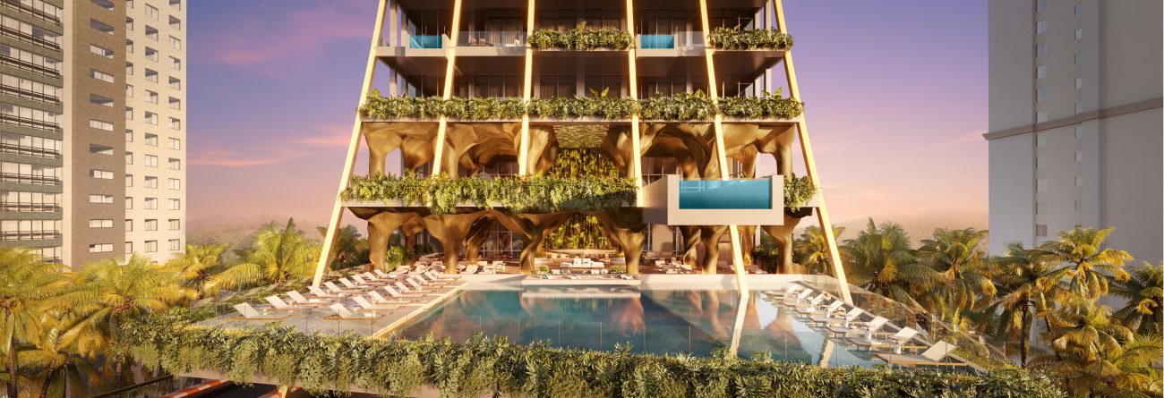Área de convivência terá piscinas diferenciadas Imagem das piscinas na área de convivência