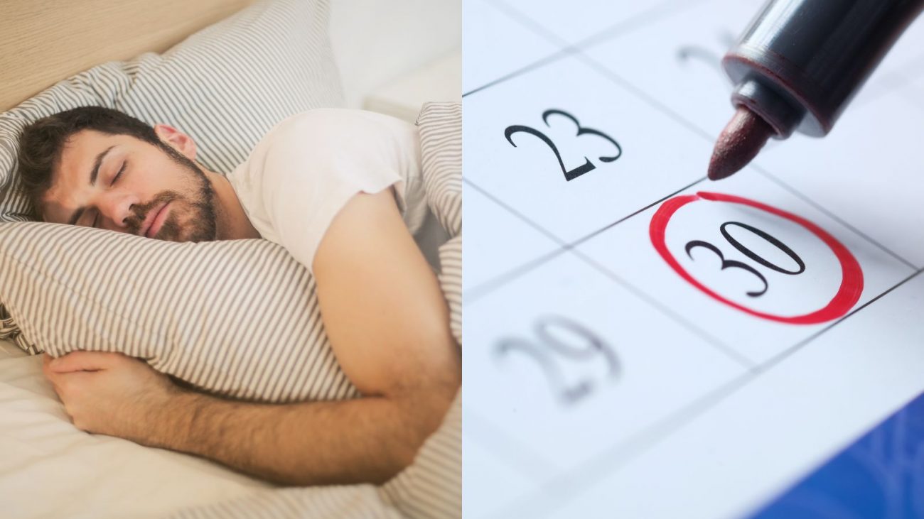 Imagem mostra um homem dormindo na cama ao lado de uma foto de um calendário para ilustrar a matéria que fala sobre a folga de 4 dias seguidos em junho de 2025.