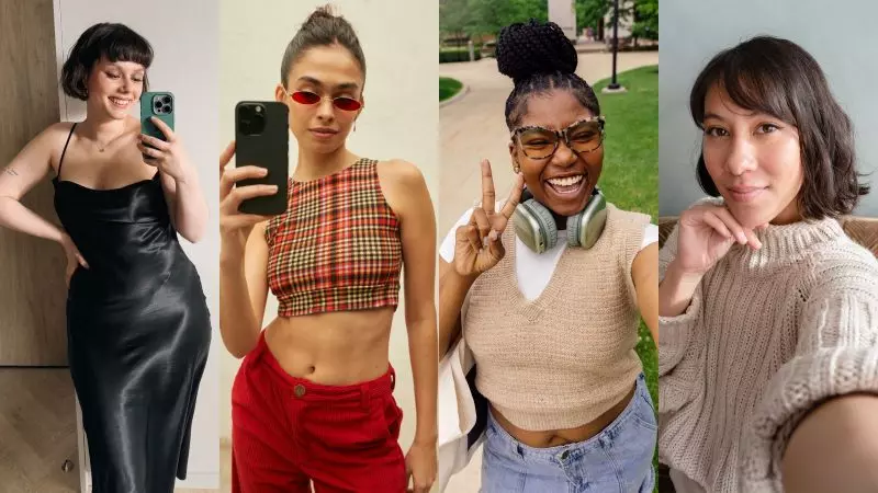 Veja 60 frases para fotos sozinhas Imagem mostra quatro mulheres de diferentes tipos, tons de pele, cabelo, roupas e vestimentas que estão tirando fotos sozinha para ilustrar a matéria que mostra frases para usar de legenda em fotos.