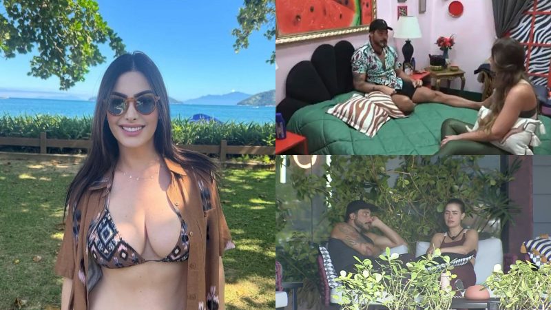 Clima tenso na casa! Montagem com três fotos. A primeira mostra Francine, participante do Power Couple Brasil 7, de biquini com um fundo de natureza. Na segunda e terceira foto está o casal Victor e Rayanne também do Power Couple conversando sobre Francine, sentados e com roupas de academia.