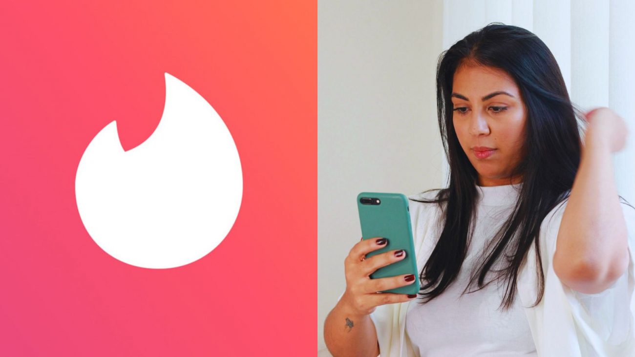 Tinder Imagem mostra um ícone do aplicativo Tinder ao lado de uma imagem de uma mulher morena, com o celular nas mãos para ilustrar a matéria que traz frases para colocar no Tinder.