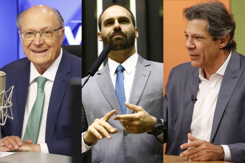Pesquisa para senador em São Paulo Pesquisa para senador em São Paulo tem Eduardo Bolsonaro (centro) na frente de Geraldo Alckmin (esquerda) e Fernando Haddad (direita)