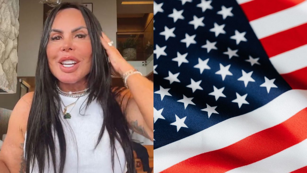 Gretchen Imagem mostra a cantora Gretchen da altura do peito para cima, com uma blusa branca, com o cabelo solto, e um filtro do Instagram. Ao lado tem a imagem da bandeira dos Estados Unidos da América para ilustrar a matéria que fala porque a Gretchen não pode entrar nos Estados Unidos.