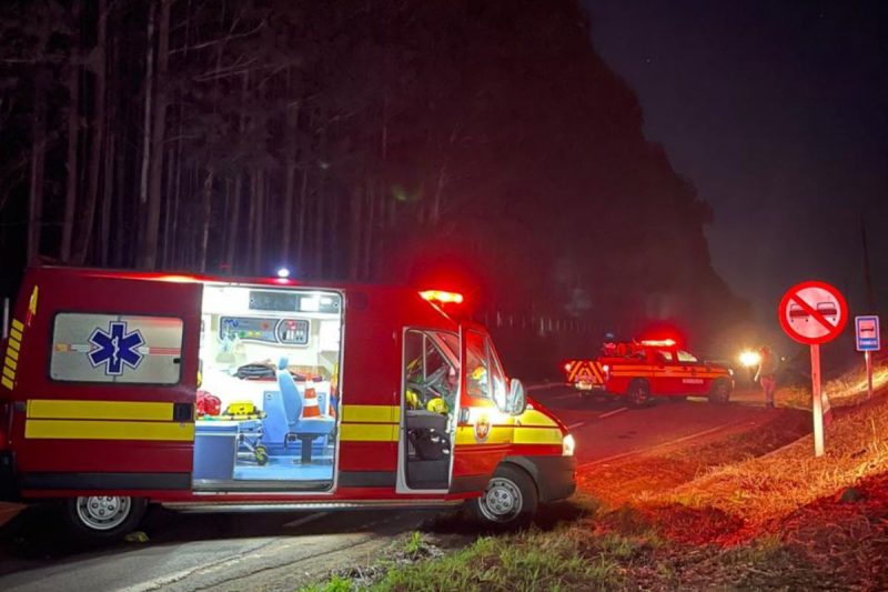 ambulância e carro do corpo de bombeiros militar de santa catarina com giroflex ligado durante a noite no meio da rodovia onde homem foi atropelado na SC-284 ambulância e carro do corpo de bombeiros militar de santa catarina com giroflex ligado durante a noite no meio da rodovia onde homem foi atropelado na SC-284