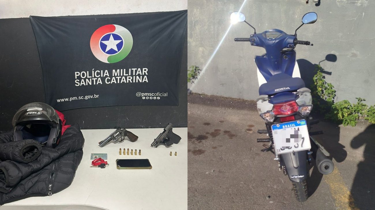 Fotos mostram armas apreendidas e moto que teria sido utilizada para o crime 