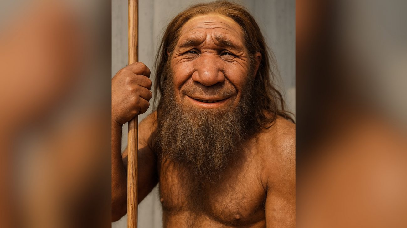 Homo sapiens e neandertais Imagem de homem com barbas grandes e nariz grande sem blusa e segurando pedaço de pau