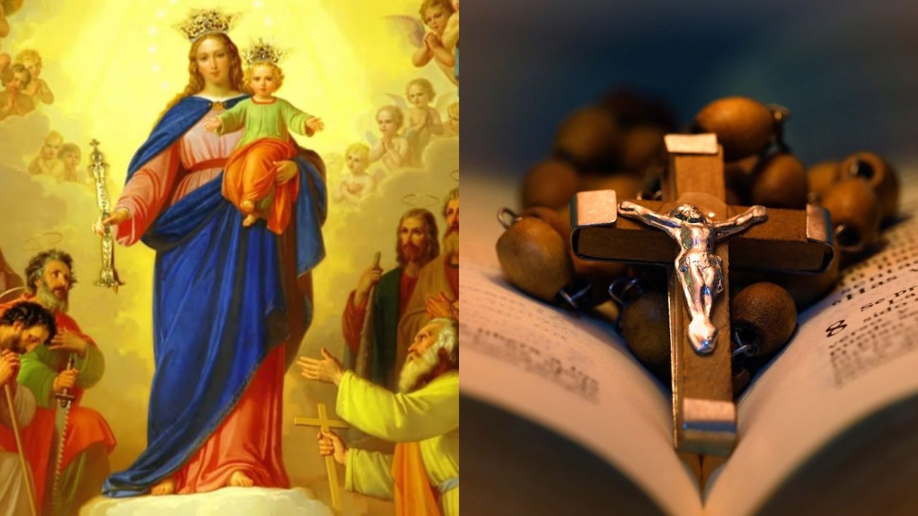 Nossa Senhora Auxiliadora Imagem mostra a figura de Nossa Senhora Auxiliadora, com um manto azul e vermelho e segurando o Menino Jesus no colo, em volta há vários anjos. Na imagem ao lado, há um terço em cima de uma bíblia.