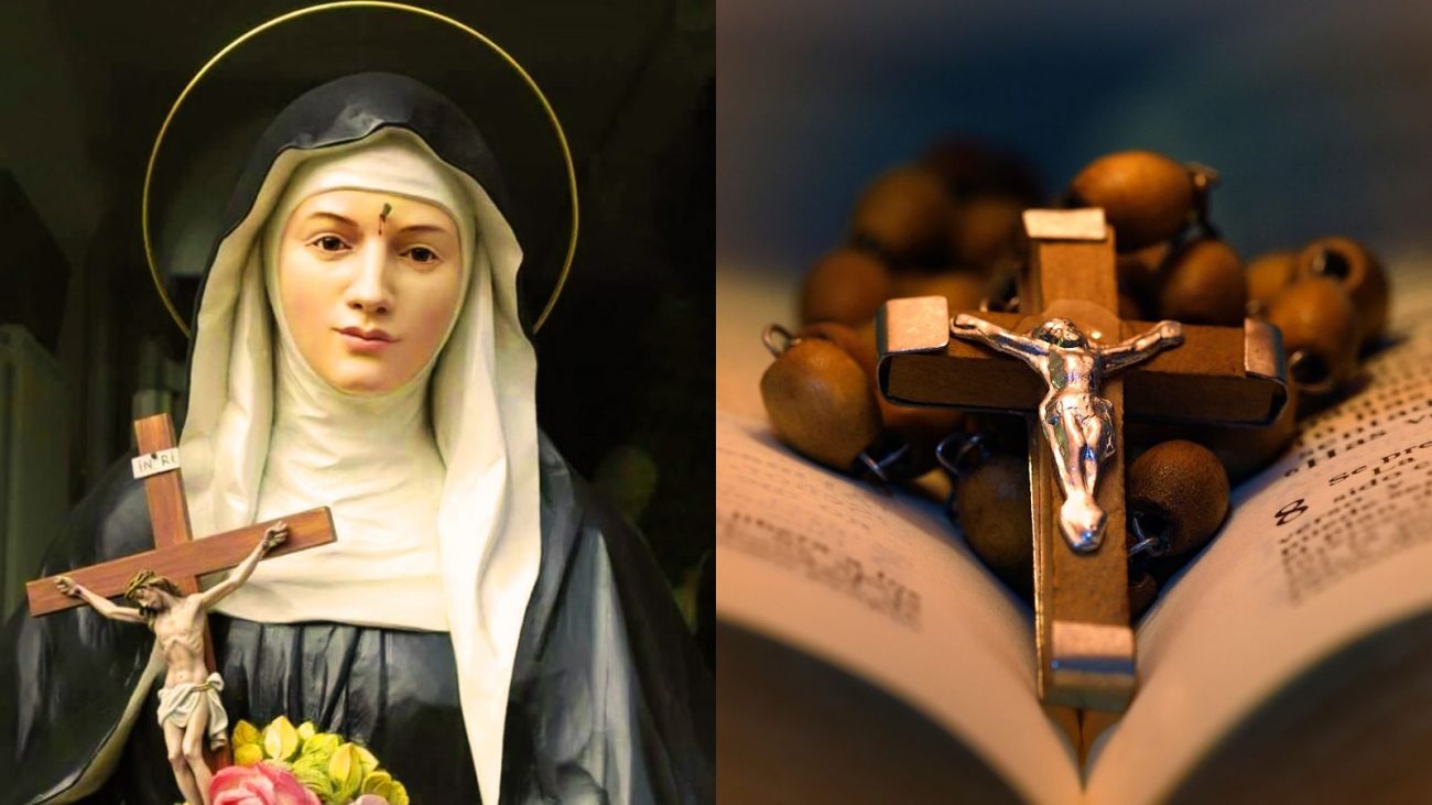 Imagem de Santa Rita de Cássia segurando a cruz de Jesus Cristo nas mãos, acompanhada de um ramo de flores; ao lado aparece uma imagem de uma bíblia com um terço marrom em cima para simbolizar o santo do dia. 