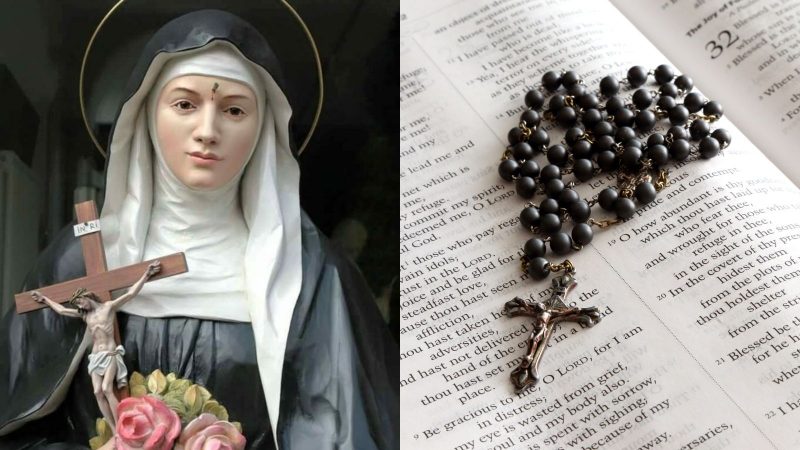 Santa Rita de Cássia Imagem mostra uma montagem com duas fotos, na primeira a estátua de Santa Rita de Cássia segurando a cruz de Jesus Cristo nas mãos com várias rosas. Ao lado, há uma imagem da bílbia com um terço em cima.
