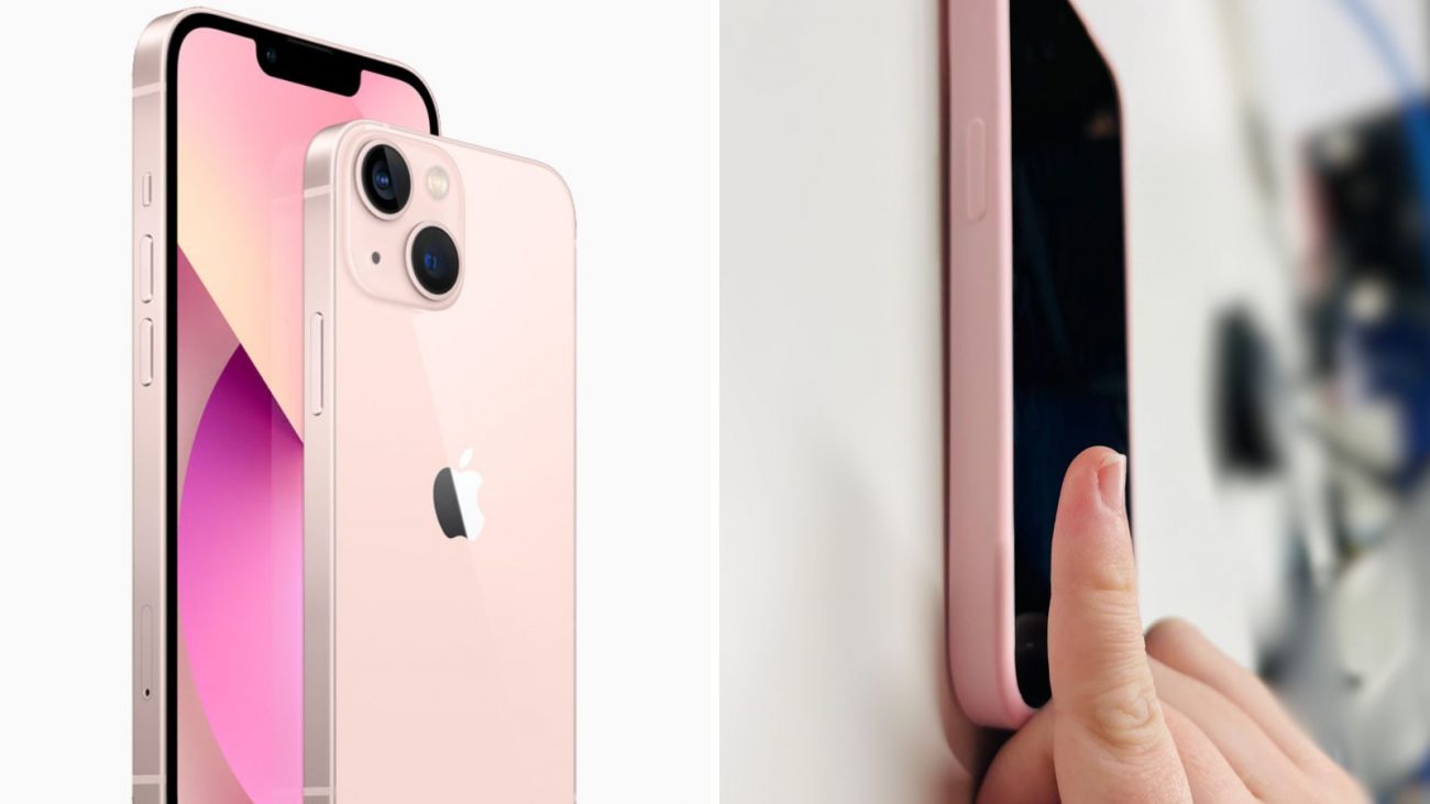 Imagem mostra um iPhone 16 rosa ao lado de um dedo mindinho para ilustrar a matéria que compara o iPhone 17 com a espessura do dedo mindinho. 
