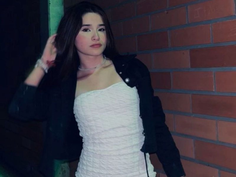 Acidente com scooter Imagem mostra uma adolescente menina, com vestido branco, casaco preto, cabelos escuros solto, fazendo pose para foto. Ela usa no pulso várias pulseiras e segura o cabelo com uma das mãos. A jovem morreu em acidente com scooter, em Brusque, no Vale do Itajaí