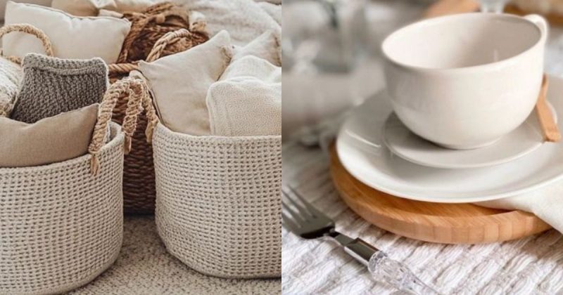Duas imagens lado a lado; uma de cestos de decoração e outra de xícara branca para representar os 7 itens de decoração luxuosos, mas com valores acessíveis 