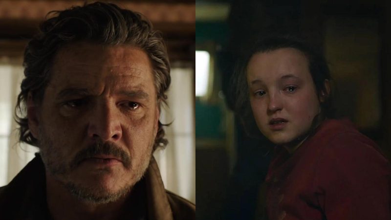 Joel e Ellie Imagens de Joel e Ellie, personagens da série The Last of Us. Na primeira imagem, vemos Joel com um semblante preocupado e olhos lacrimejando. Na segunda imagem, Ellie aparece também com os olhos lacrimejando em um fundo escuro.