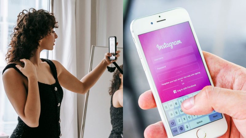 A frase perfeita para sua foto está aqui! Imagem mostra uma mulher tirando uma selfie ao lado de uma imagem de um celular logando na conta do Instagram para ilustrar a matéria que mostra frases para fotos sozinha.