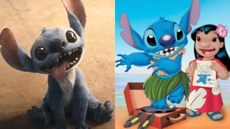 Lilo e Stitch Imagem do filme live-action Lilo e Stitch mostrando o Stitch no chão fingindo ser um cachorro. Ao lado tem uma imagem da Lilo e do Stitch na versão desenho.