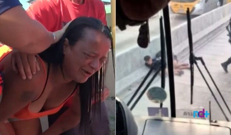 Imagem da mãe chorando e ao lado, foto do filho sendo preso ao lado de outro rapaz Dois homens foram presos durante assalto a ônibus no Rio de Janeiro