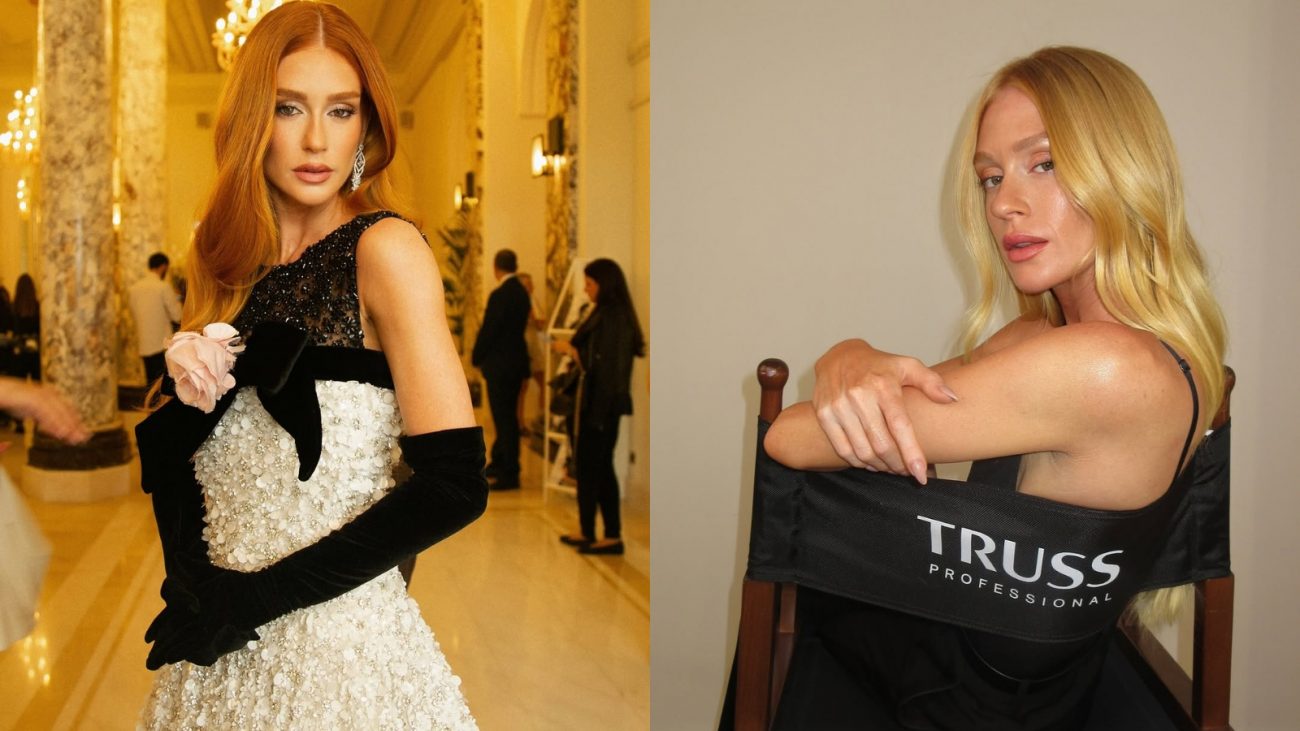 Imagem de montagem de Marina Ruy Barbosa em um lado ruiva e noutro loira