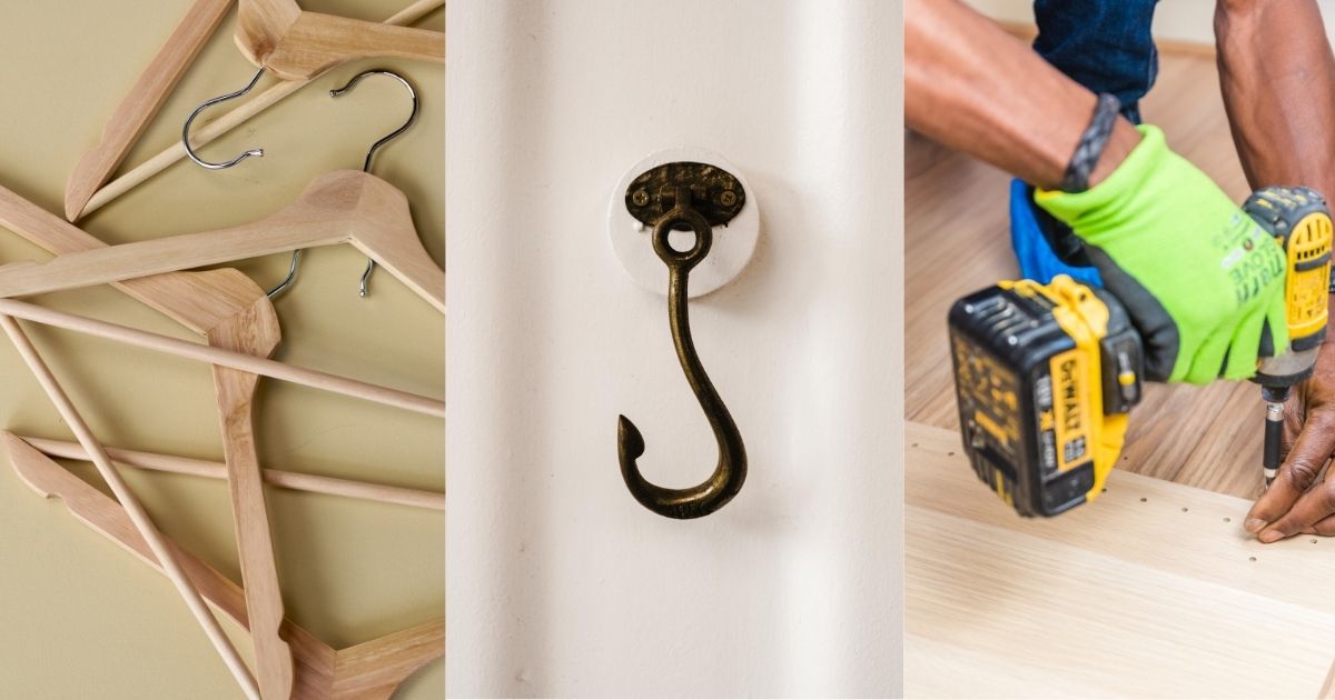 Materiais de artesanato Imagem dos materiais necessários para transformar os cabides em objetos de decoração. Imagem de um cabide, uma furadeira e ganchos de parede