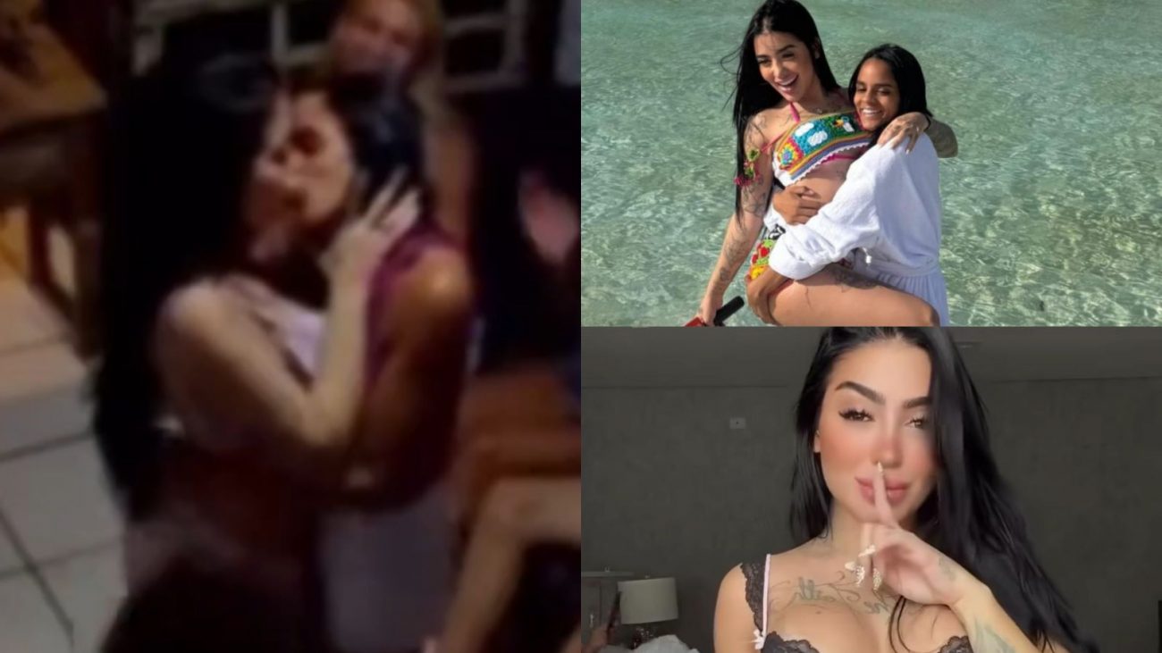 MC Mirella e Vanessa Apois Imagem mostra MC Mirella beijando a influenciadora Vanessa Apois, ao lado de outra imagem das duas abraçadas e uma foto de MC Mirella sozinha.