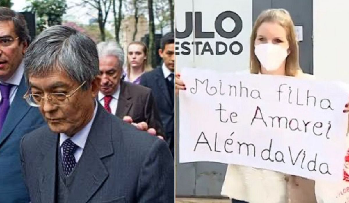Fotos de Mitsuo Matsunaga e de Elize Matsunaga segurando um cartaz Mitsuo Matsunaga diz que neta fará o que quiser quando for maior de idade